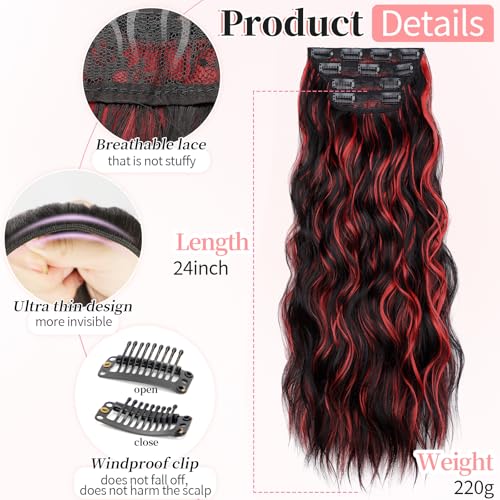 Image of KooKaStyle Wavy Clip in Hair Extensions 24 inch Black Mix Red Highlights | 4 Pieces Clip in Extensions,Fiber Double Weft Hairpieces,Natural Volume,Beach Wave Long Synthetic Hairpieces for Women