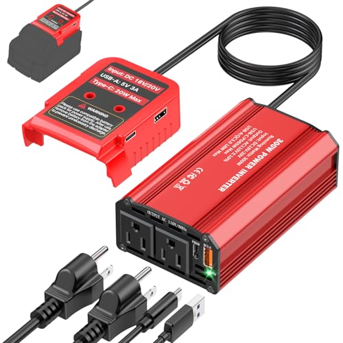 TANHEYIN 300W Power Inverter Compatible with Milwaukee M18 Battery - DC 18V to AC 110V Battery Converter Portable Power Station with PD 65W Type-C Fast Charging & 2 AC Outlet & 2 USB-A & 1 Type-C 20W