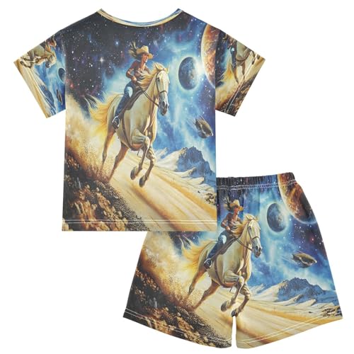 ALAZA Horse Planet Solar System Space Pajamas Set Short Sleeve Cotton Sleepwear Summer Pjs 2 Piece 5-14Y2
