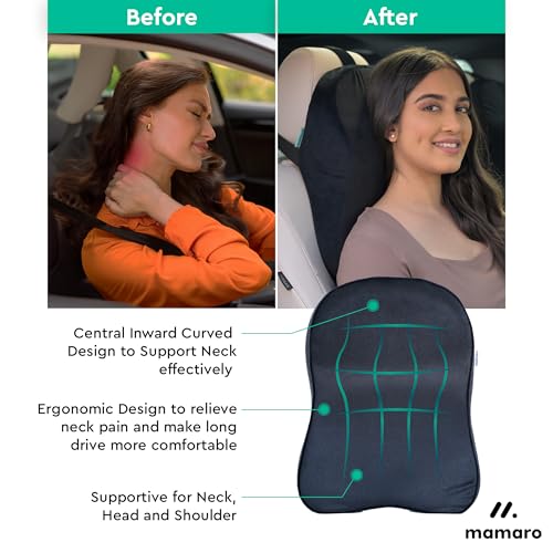 Image of Car Neck Rest Pillow, Memory Foam Head Rest & Neck Support Cushion for Car Seat, Office Chair | Comfortable Ergonomic Design for Neck Pain & Muscle Tension Relieve (Black, 17x12x5 Inch, Large)