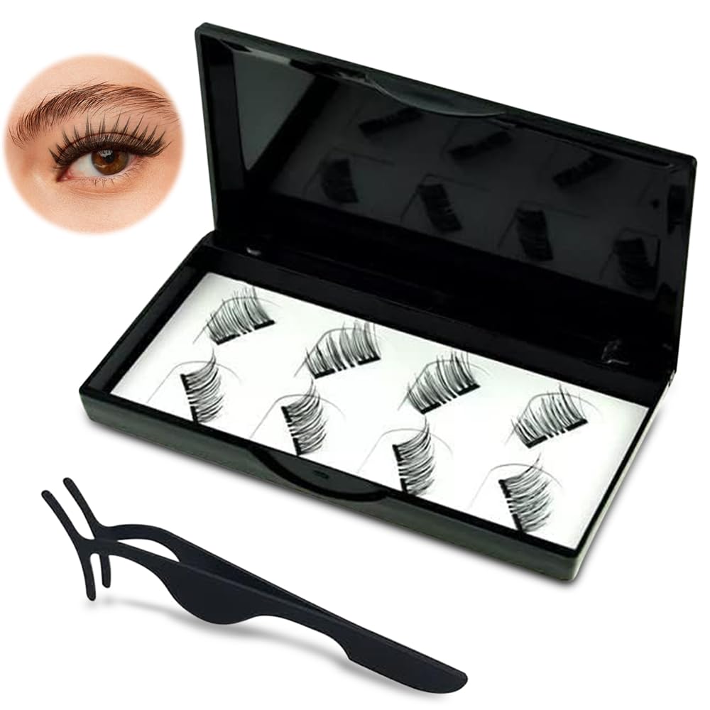 Magnetic Eyelashes, Natural Magnetic Eyelashes Kit, 4 Pairs False Eyelashes with Tweezers, Long Lasting and Reusable Magnetic Lashes Natural Look, 3D False Fake Magnetic Lashes, No Glue Needed