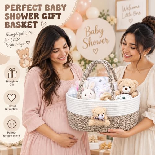 Image of House of Quirk Baby Diaper Caddy Organizer Cotton Rope Basket - Teddy