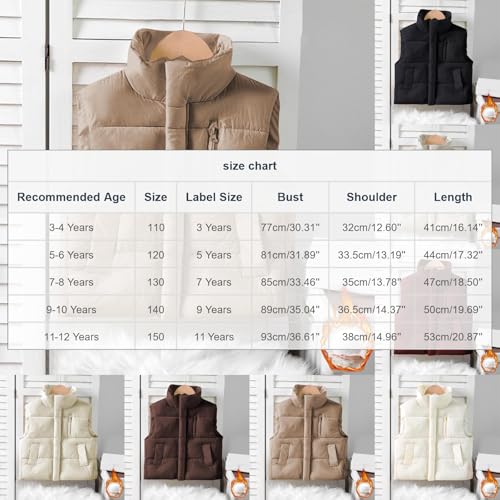 Girls Puffer Vest Padded Stand-Up Collar Puffy Vest Pockets Lightweight Down Outerwear Warm Sleeveless Vests 3-12Y2