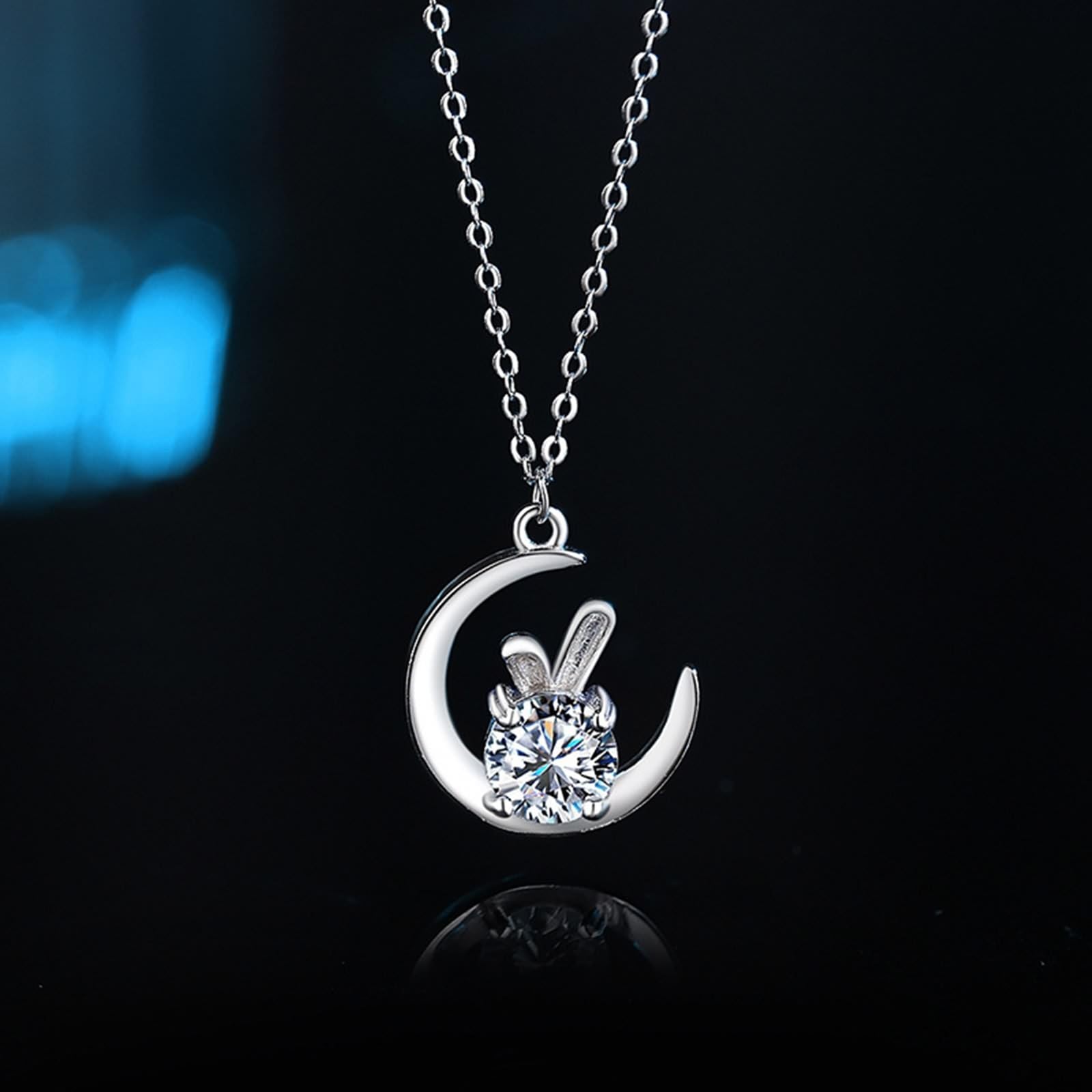 AMDXD Chaîne en or blanc 9 K/14 K/18 K pour femme avec pendentif lune lapin avec moissanite ronde blanche, colliers pour femme en or blanc 375/585/750, 40 + 5 cm