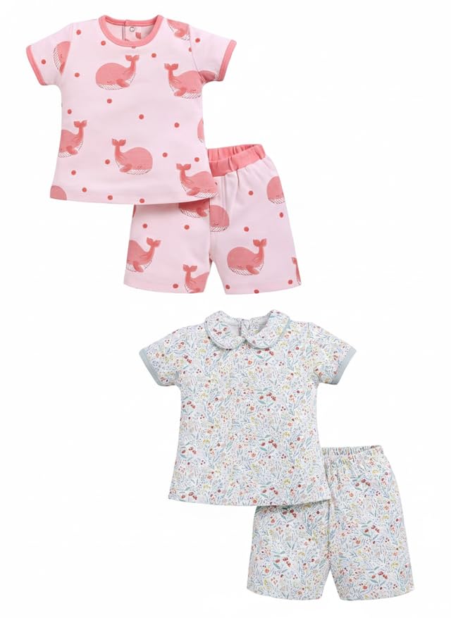 Image of Baby Girls 100% Cotton Printed Half Sleeve T-shirt & Short Summer Clothing Sets (Pack Of 2)
