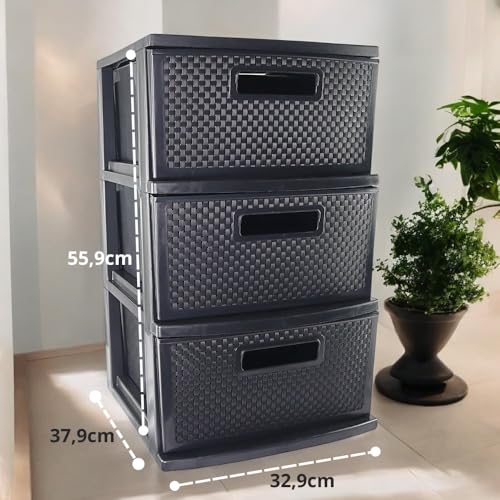 Gaveteiro Chão Rattan 3 Gavetas Organizadora Preto Plastico Resistente Guardar Roupas Brinquedos Tre