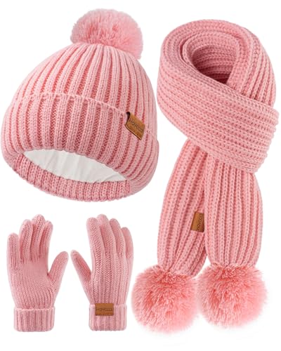 Image of Kids Winter Hat Scarf Gloves Set - Girls Boys Fleece Lined Beanie Hat with Pom Knit Scarf Warm Mittens for Children