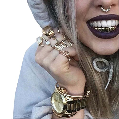 24K Gold Plated Hip Hop Teeth Grillz Punk Custom Fit Polished Teeth Grillz Caps Top & Bottom Grill Set with 2 Silicon Molding Bars Removable Grills For Women Men Gift Halloween Party2