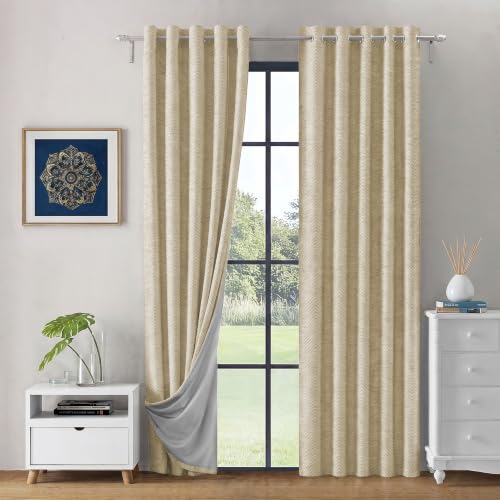 Image of LINENWALAS 100% Blackout Curtains for Window (5 Feet) - Set 2 Panels Linen Texture with Herringbone Pattern Complete Light Blocking with Thermal Insulated, Nose Reducing Backing (Golden Beige)