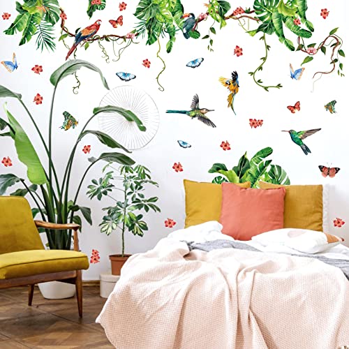 Palm Leaf Wall Stickers Hanging Vines Wall Decal Peel And Stick Wall Art Mural Green Plants Wall Stickers Parrot Flower Wall Decal Tropical Leaves Wall Decals For Living Room Bedroom Bathroom Decor #TOP7
