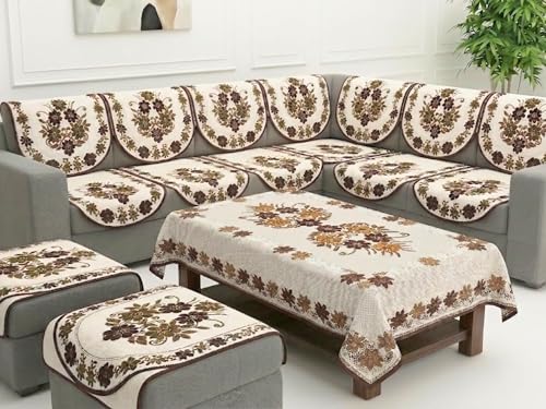 Image of Fab Nation Sofa Cover L Shape 5 Seater with Corner L Type Sofa Set for Living Room | Cotton Sofa Slipcovers for 3 + 2 Seaters Cover + 2 Setty Covers + 1 Table Cover Set | Floral Brown