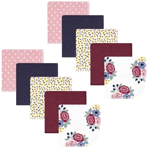 Image of Hudson Baby Unisex Baby Flannel Cotton Poly Washcloths, Blush Navy Floral 10Pk, One Size