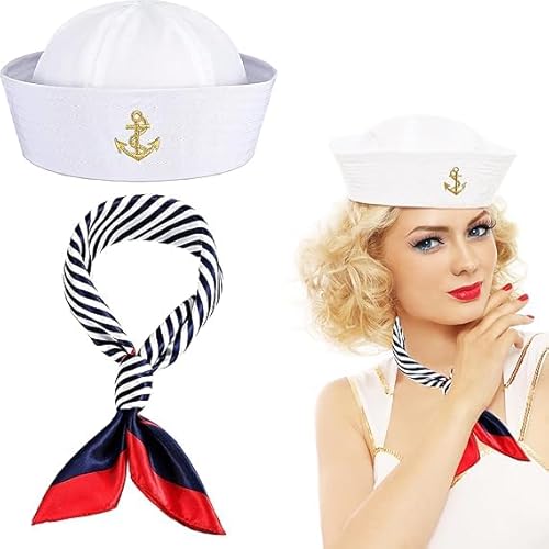 XIABYAYU Sailor Costume Accessory, 2 Pcs Sailor Hat and Scarf Set, Sailor Accessories, Captain Sailor Costume Set for Carnival, Halloween, Parties XIABYAYU Sailor Costume Accessory, 2 Pcs Sailor Hat and Scarf Set, Sailor Accessories, Captain Sailor Costume Set for Carnival, Halloween, Parties