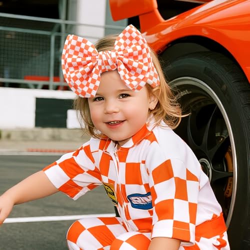 YanJie 2PCS 7’’ Orange Bows for Baby Girls Checkered Headband Double Layered Bow Infants Toddler Hair Accessories Newborn Headbands Baby Clothes3