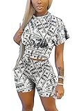Womens Printed 2 Piece Outfits, Sexy Doodle Short- sleeved Crop Top & Bodycon Shorts Set, Casual Short Tracksuit Activewear (Dollar Gray, M)
