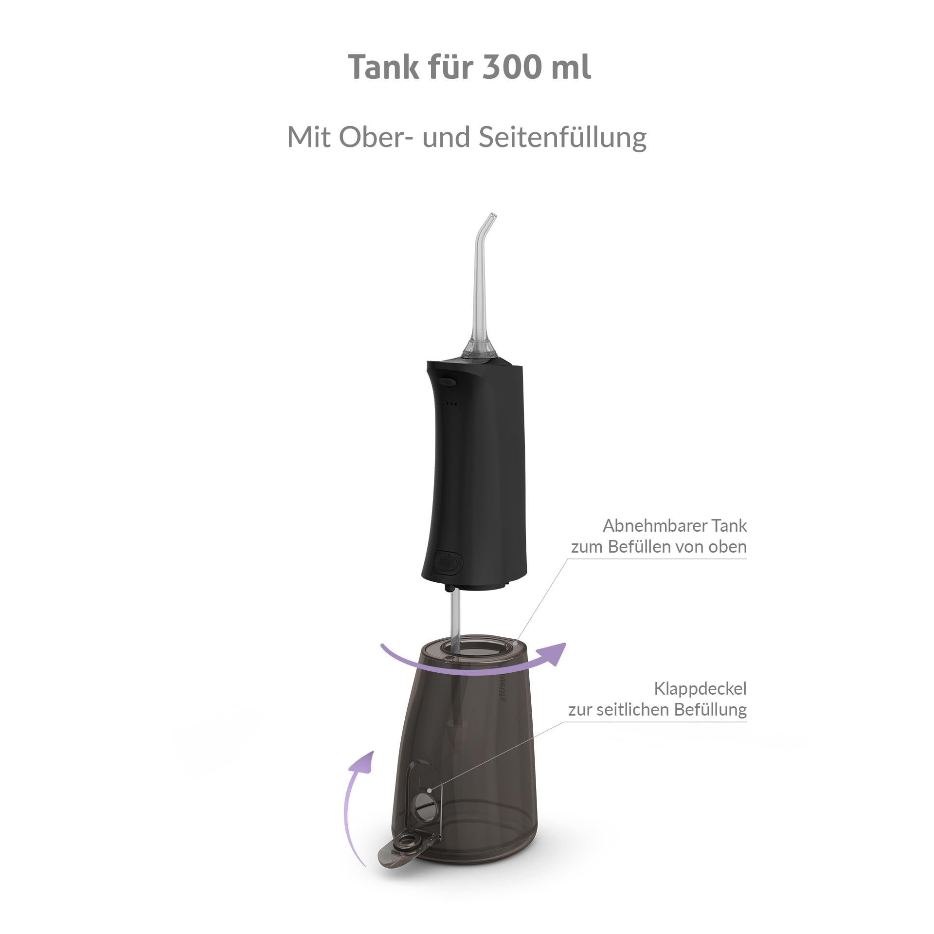 TrueLife AquaFloss Compact L100 Munddusche kabellos, tragbar, 300ml Tank, 3 Modi, 2 Druckstufen, IPX7, USB, 6 Düsen im Paket Zahnzwischenraum-Reinigung, Zahnspange/Implantate (Schwarz)