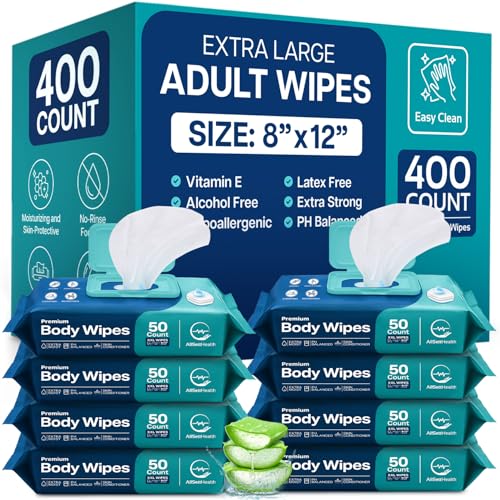 Wet Body Wipes for Adults Bathing No Rinse - Wet Wipes for Elderly 8 x 12 (400 count) Shower for Adults No Rinse Incontinence Disposable Washcloths Aloe Vera Vitamin E