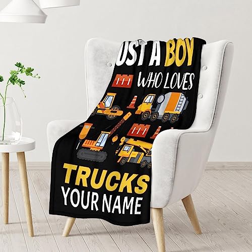 Personalized Construction Truck Blanket Gifts with Name - 50x60 Inches Funny Throw Blanket for Boys - Black Soft Fuzzy Excavator Blankets for Bed, Couch & Living Room