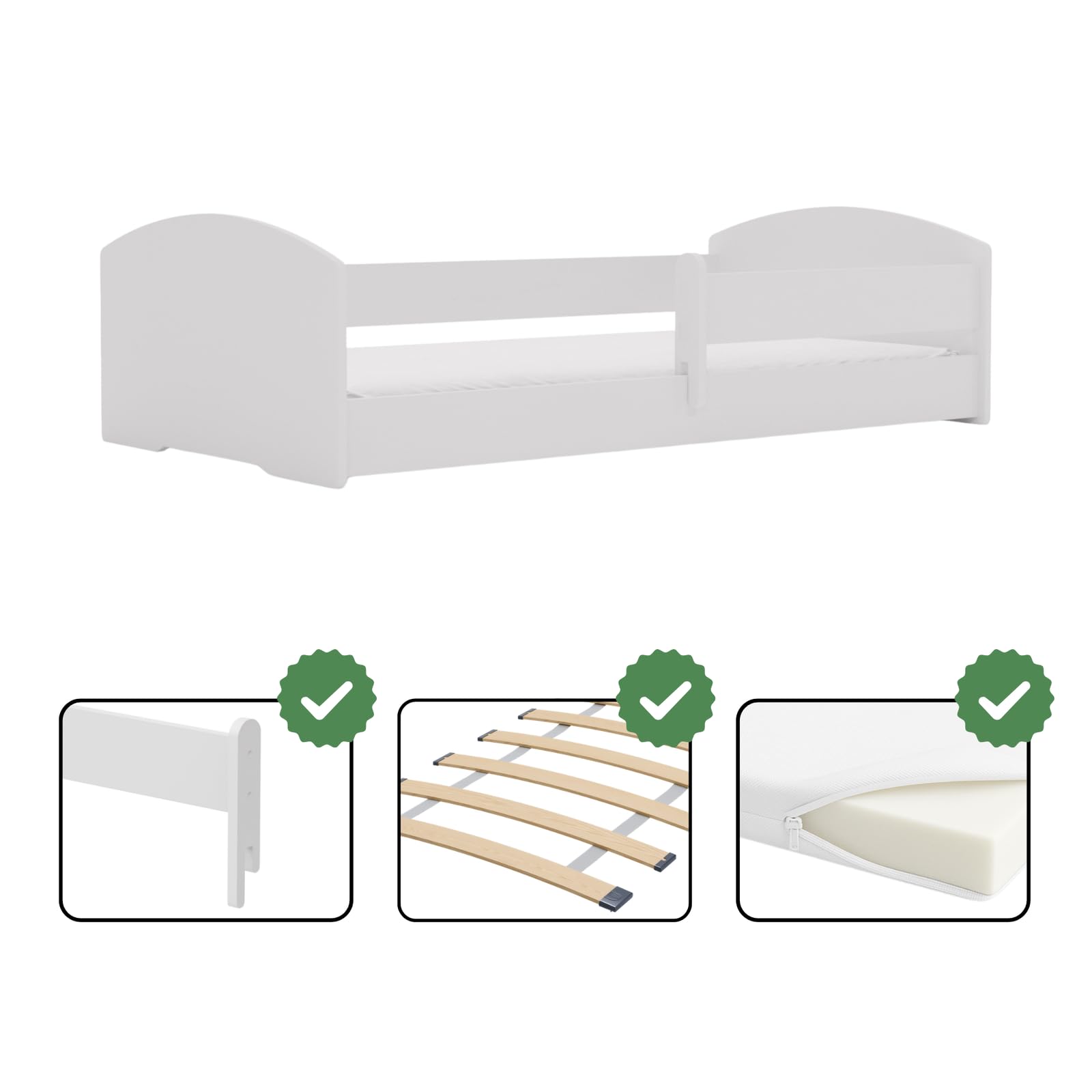 KOBI Letto Montessori LEO 160x80 con materasso: un letto per bambini moderno, sicuro e molto comodo, struttura robusta, elegante stile scandinavo, finitura bianca di alta qualità di prima classe