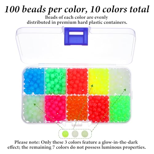 1000PCS Glow in The Dark Fishing Beads 5mm, 10 Colors Luminous Plastic Round Beads for Fishing Rigs, Soft Buffer Stops for Freshwater & Saltwater, Tackle Accessories for Trout Salmon Bass Walleye Pike - Thumbnail 3