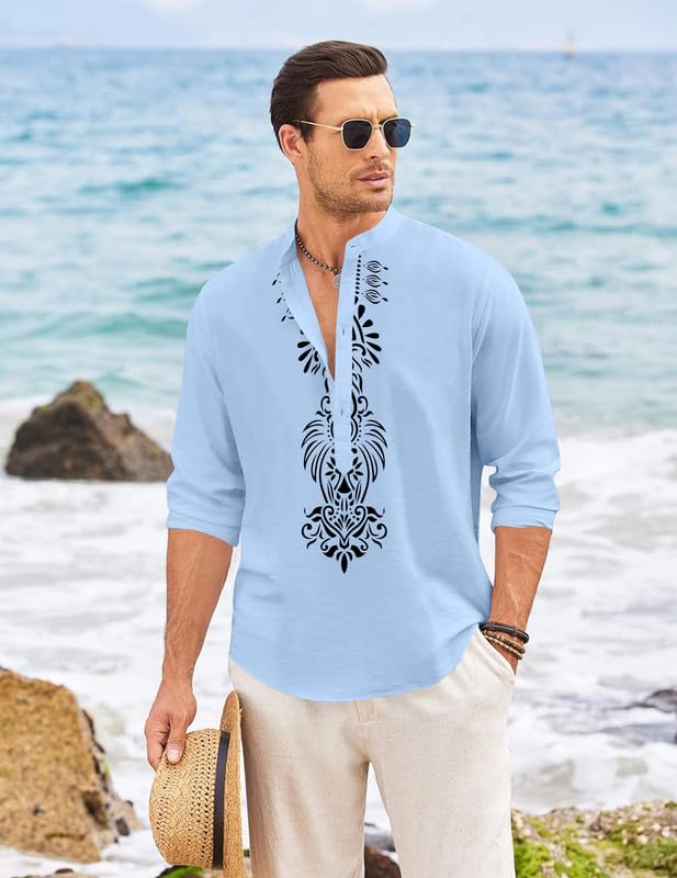 Image of FINIVO FASHION Men's Cotton Blend Short Kurta with Bold Printed Front Design | Full Sleeve Ethnic Casual Kurta with Mandarin Collar | Artistic Festival & Travel Wear for Modern Ethnic Style