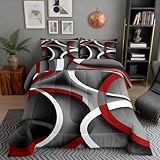 Circle Comforter Set Twin Size for Boys Kids Gray Black Red Swirls Room Decor Abstract Stripes Teens Bedroom Retro Style Bedding Set 1 Comforter with 1 Pillow Case, Lightweight Warm Soft