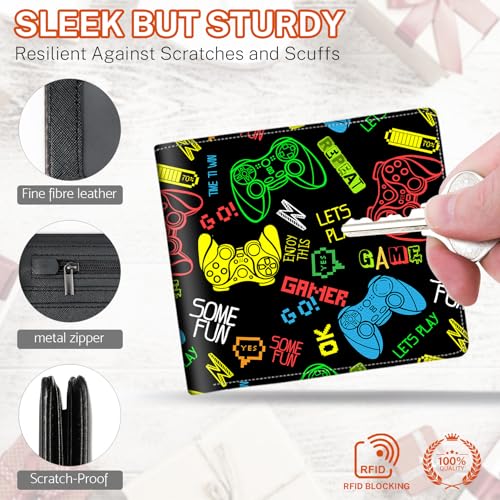Boys Wallet for Kids, Teen Boy Gamer Wallets 9-12 8-10 8-12, Cool Novelty Leather Bifold Rfid Blocking Purse Coin Pocket Zipper Id Window for Children Male Youth Guys Gaming Birthday Christmas Gifts4