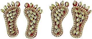 2 Pairs 3 inch Decorative Shree Laxmi Charan Footprints for Door Gate, Festival Decor, Diwali Puja by The Great Indian Store (Acrylic, Kundan Stone, Small)