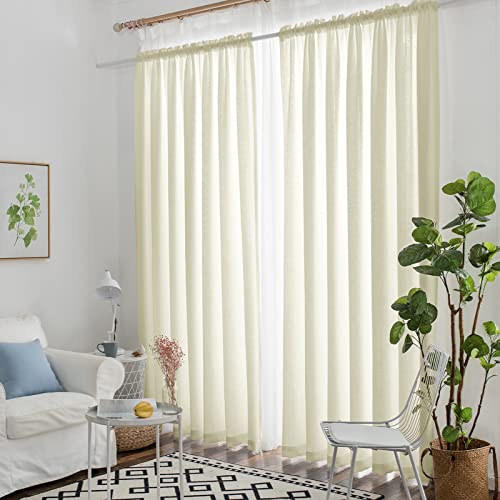 Melodieux Cream Yellow Semi Sheer Curtains 96 Inches Long For Living Room, Linen Look Bedroom Rod Pocket Voile Drapes, 52 By 96 Inch (2 Panels) #TOP1