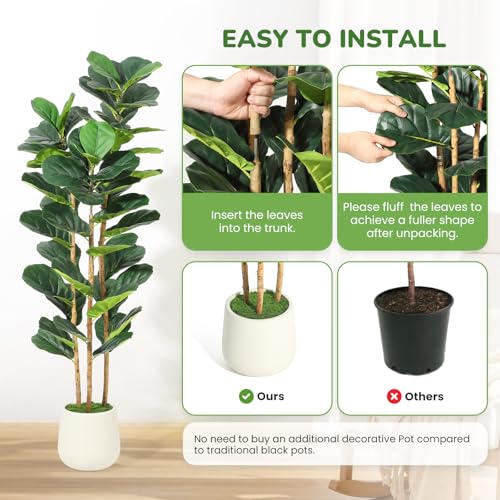 5FT Artificial Fiddle Leaf Fig Tree with Natural Wood Trunk,Tall Fake Fiddle Leaves Plant in White Planter, Floor Plants for Living Room Indoor Home Decor,Housewarming Gift