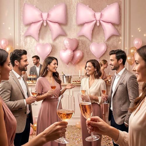 Image of 12 Pcs 18 Inch Heart Balloons and 38 Inch Bow Balloons, Large Foil Bow Heart Balloon Bow Party Decorations for Birthday Baby Shower Valentines Wedding Party