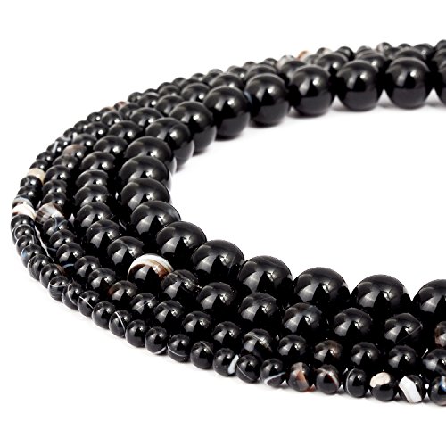 RUBYCA Natural Black Striped Agate Gemstone Round Loose Beads for DIY Jewelry Making 1 Strand - 10mm