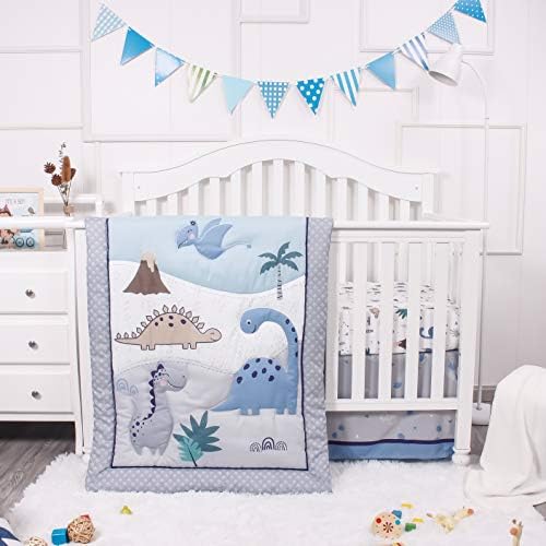 La Premura Dinosaur Baby Nursery Crib Bedding Set – Dinosaur 3 Piece Standard Size Crib Set, Grey/Blue - Unisex Nursey Bedding and Neutral Decor