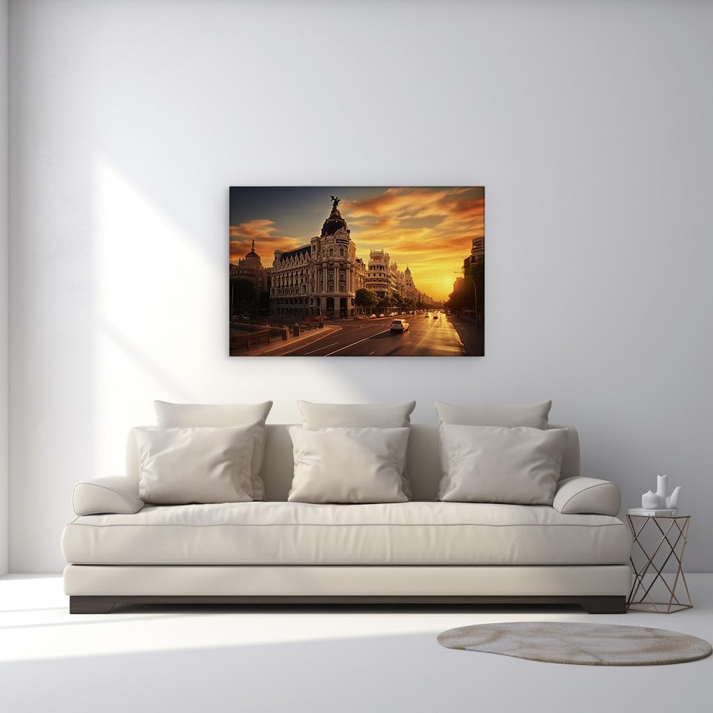 Canvas for Living room. Sunset Serenity on Calle de Alcala: Madrid's Urban Glow, 27 x 18 inch Canvas Wall Art - Ready to Hang