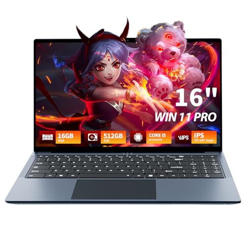 16 Inch Laptop Computer, FHD IPS 1200p Screen, Gaming Laptop i5 (Up to 3.6GHz) for 16GB RAM 512GB SSD,Dual Band WiFi BT5.0丨Long Lasting Battery丨Win 11 Pro Gaming PC, Notebook for Business Student
