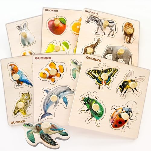 QUOKKA Steckpuzzle Holz ab 3 4 Jahre - 6 Set Spielzeug Puzzle ab 3-5 Jahre | Tiere Lernspiele für Kinder - Geschenk für Baby Mädchen and Junge