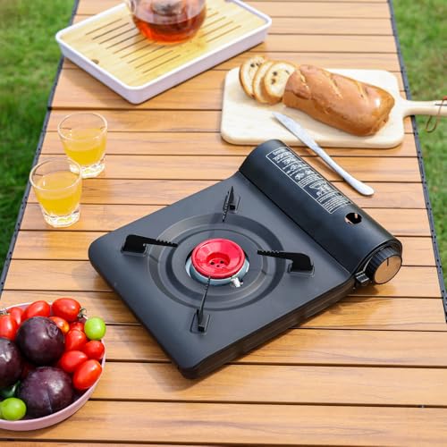 REDSUN F8 Portable Butane Gas Stove – Ultra-Slim Single Burner Camp Stove with Ceramic Gas Distributor and Safety Lock, Outdoor Picnic BBQ Korean Hot Pot Cooker for Camping, RV, Grilling, Stir Fry
