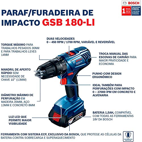 Bosch Parafusadeira E Furadeira De Impacto De ½' Gsb 180-Li 18V Com 1 Bateria 1 Carregador Bivolt E