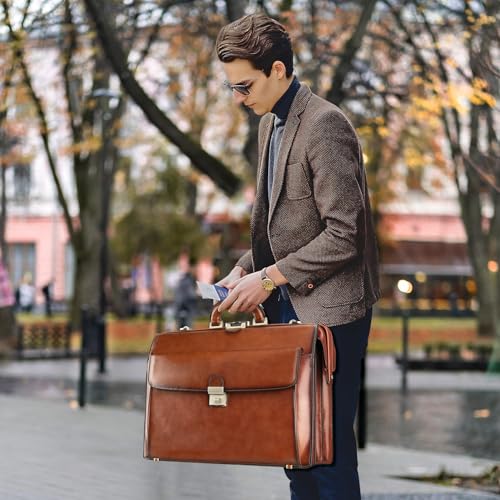 Banuce Vintage Leather Briefcase for Men 15.6 Inch Laptop Legal Lawyer Bag Office Work Business Travel with Lock and Detachable Shoulder Strap Brown