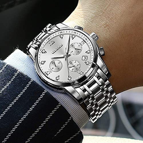 Image of OLEVS Men's Waterproof Watches Stainless Steel Waterproof Chronograph Wrist Watches Luxury Dress White Luminous Big Face Analog Quartz Male Watches