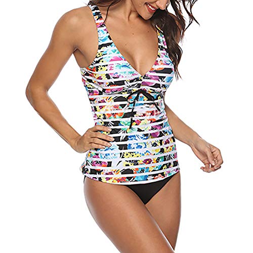 GYUANLAI Damen Deep V-Ausschnitt Gedruckt Sportliche Tankini Set Badebekleidung Retro Bikini Set 2 Stück Belly Control Tankini Badebekleidung Beachwear Badebekleidung Cover