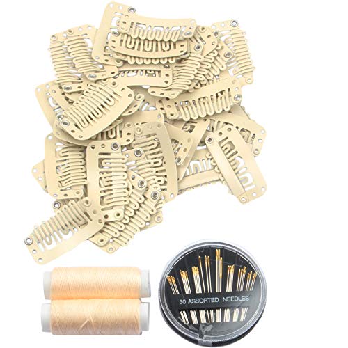50pcs Wig Clips 32mm Snap Clips For Hair Extension 6-teeth Beige Color Hair Extensions Clip with Thread and Needles (Beige -50pcs)