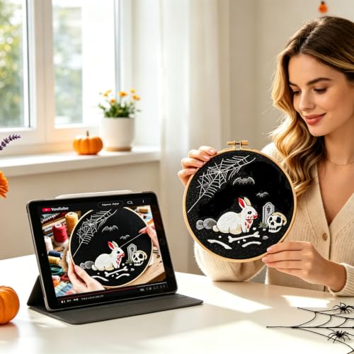 Image of Halloween Embroidery Kits for Beginners Adults, Gothic Rabbit Embroidery DIY Kit, Halloween Cross Stitch Kits Needlepoint Kits for Beginners Adults Woman Gifts, Embroidery Hoop, Thread, Video Tutorial