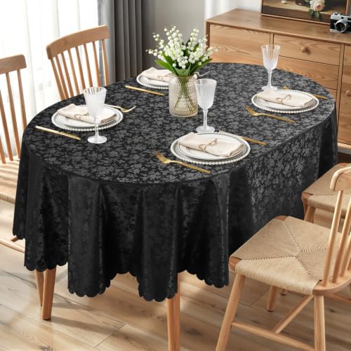 Image of Smiry Oval Waterproof Heavy Duty Vinyl Tablecloths, 60 x 84 Inch | Wipeable Washable Floral Embossed Table Cover for Kitchen and Dining Room, Indoor & Outdoor Use, Black