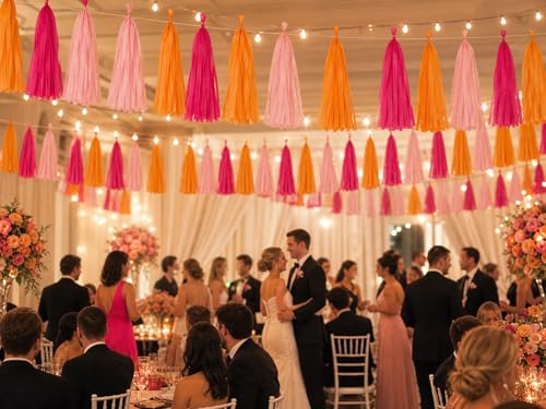 Image of Pink Orange and Rose red Tissue Paper Tassels Tassel Garland Banner for Birthday Party Decorations,Pack of 15