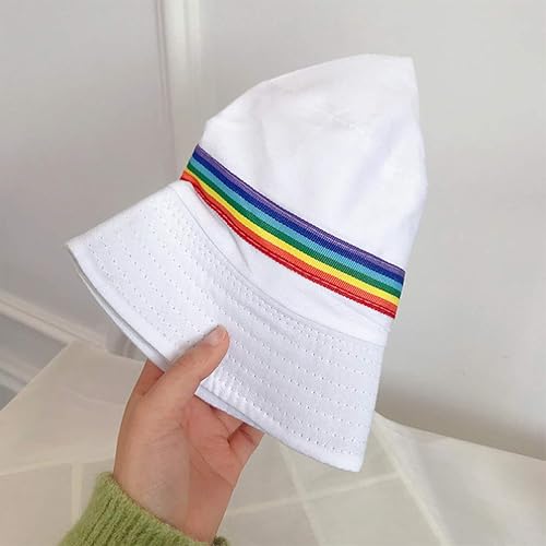 Miniatura 5 de TENDYCOCO Sombrero de pescador bordado de arco iris, sombrero de pescador unisex con protección UV para hombres y mujeres, Blanco