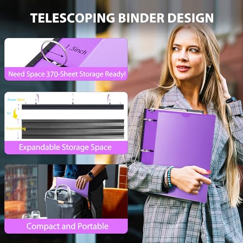 Image of WOT I 1.5 Inch Telescoping 3 Ring Binder 6 Pack, Expandable Flexible Binder with Customizable Front Cover & Clear Catalog Pocket, Holds 370 Sheets, Assorted Colors, School Office Supplies