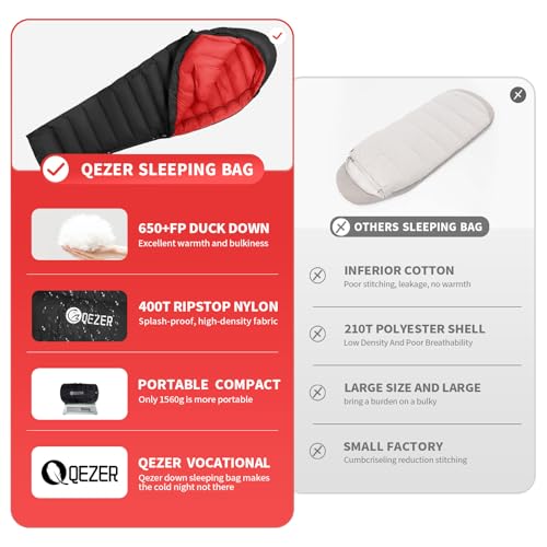 QEZER Winter Sleeping Bag for Adults, Lightweight Down Sleeping Bag -20 Degree C for Cold Weather Camping and Mountaineering Outdoor with 650 FP Duck Down (Black, 1000g down) - Image 5