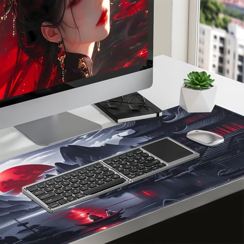 Image of Black Mouse Pad Gaming Keyboard Pad 35.4 x 15.7 in Computer Mouse Pad Anime Gaming Mousepad, Expanded Architecture Cool Desk Pad, Japanese Red Moon Large MousePads Suitable for Home Office