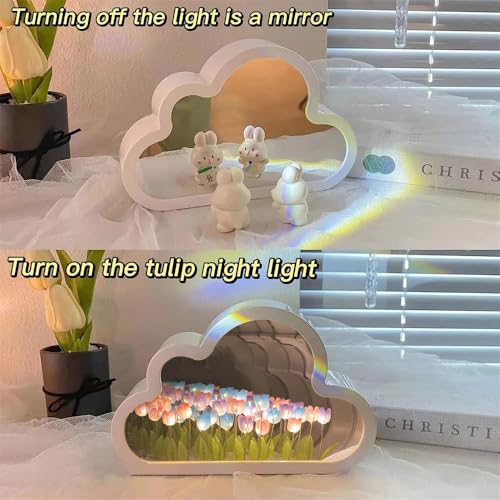Image of LOGAZOO (20 Flower) Tulip Lamp Night Light with Mirror, Assembled Artificial Flower Lamp Table Light Bedroom Decoration Gift for Women Girlfriend Sisters Desk Table Decor, Cloud Design (Multicolor)